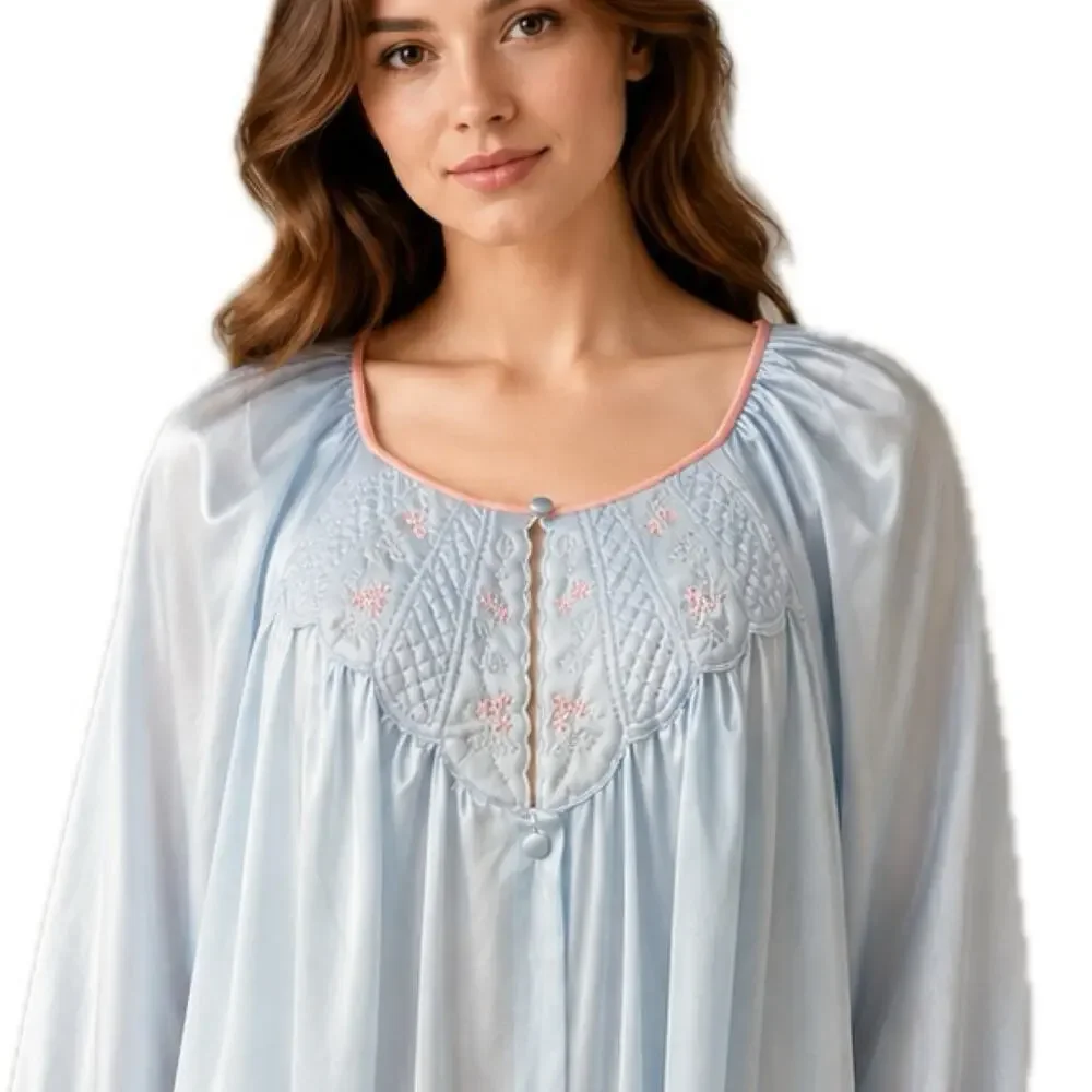 Vintage Vanity Fair Blue Nylon Nightgown Robe M Embroidered Floral USA -